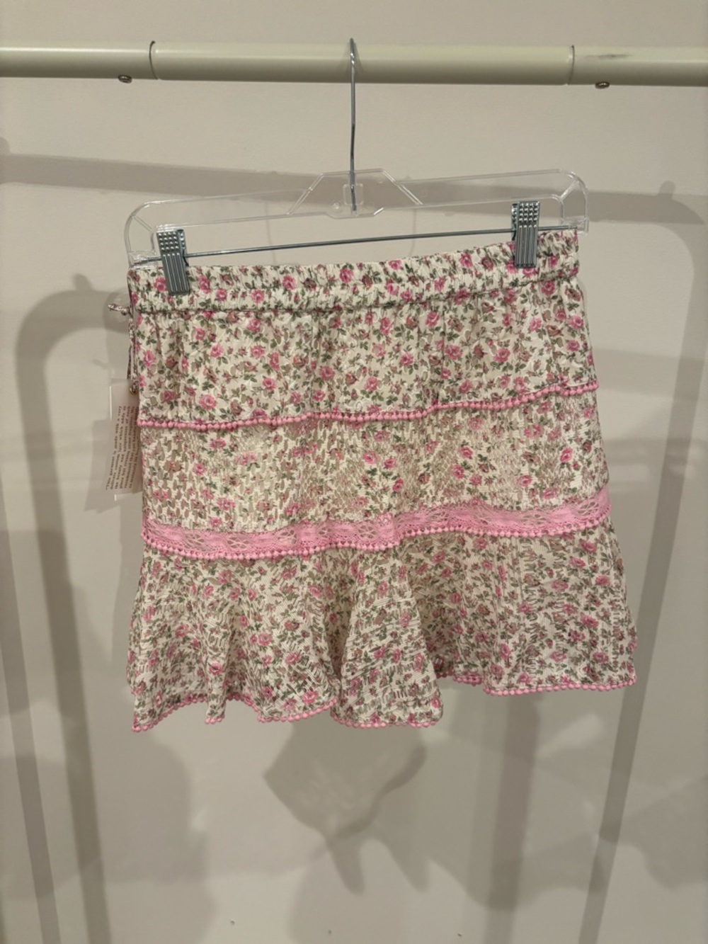 LoveShackFancy Cream Mini Skirt with Pink Floral Trim